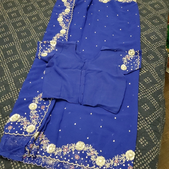 Blue Silver Rhinestone Beaded Saree Sequin bridal wedding sari Party Indian - Picture 2 of 5